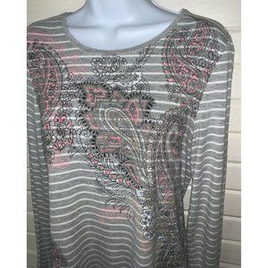 CHICO'S Sz 0 (SMALL) Zenergy Foil Striped Paisley Top Tunic Metallic EUC